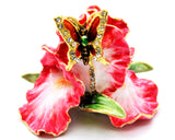 Orchid Flower Trinket Box with Butterfly. Hand Painted Enamel with Austrian Crystals