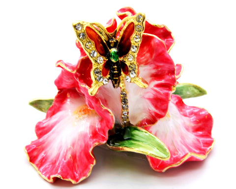 Orchid Flower Trinket Box with Butterfly. Hand Painted Enamel with Austrian Crystals