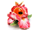 Orchid Flower Trinket Box with Butterfly. Hand Painted Enamel with Austrian Crystals