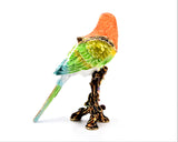 Parakeet On Branch Trinket Box. Colorful Enamel Austrian Crystals