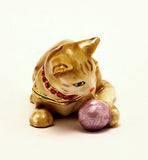 Funny Cat Playing Ball Trinket Box Brown Enamel with Austrian Crystals