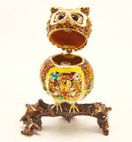 Golden Owl on Branch Trinket Box. Hand Set Austrian Crystals