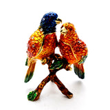 Bejeweled Lovebirds on Branch Trinket Box. Hand Painted Enamel & Austrian Crystals