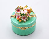 Round Shape Floral Trinket Box. Hand Detailed with Austrian Crystals & Enamel.