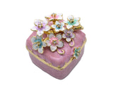 Bejeweled Cherry Blossom Flower Trinket Box. Square Shape Handmade with Austrian Crystals & Enamel