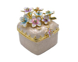 Bejeweled Cherry Blossom Flower Trinket Box. Square Shape Handmade with Austrian Crystals & Enamel