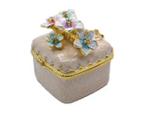 Bejeweled Cherry Blossom Flower Trinket Box. Square Shape Handmade with Austrian Crystals & Enamel