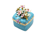 Bejeweled Cherry Blossom Flower Trinket Box. Square Shape Handmade with Austrian Crystals & Enamel