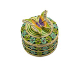 Butterfly on Round Floral Trinket Box. Hand Crafted with Enamel & Austrian Crystals
