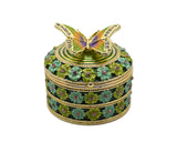 Butterfly on Round Floral Trinket Box. Hand Crafted with Enamel & Austrian Crystals