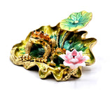 Jeweled Frog With Baby on Lily Pad With Flowers. Made with Austrian Crystals