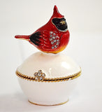 Red Cardinal Bird on White Round Trinket Box with Austrian Crystals