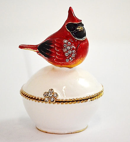 Red Cardinal Bird on White Round Trinket Box with Austrian Crystals