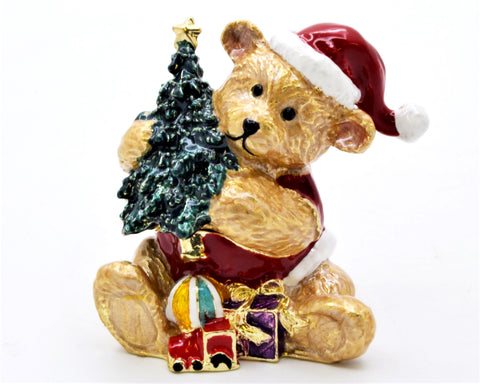 Holiday Bear Trinket Box with Christmas Tree. Handmade with Austrian Crystals