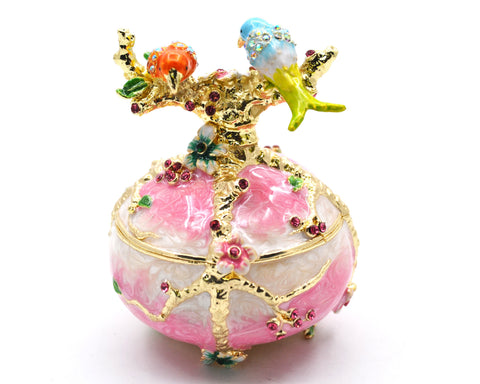Two Bird on Branch with Floral Trinket Box. Hand Painted Enamel & Austrian Crystals