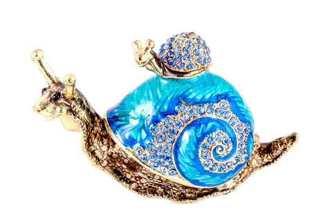 Snail with Baby Snail Trinket Box. Blue Enamel with Austrian Crystals Gold Plated