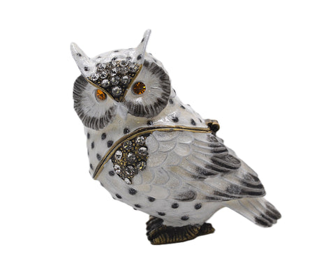 Wise Owl Trinket Box with White Enamel with Austrian Crystals