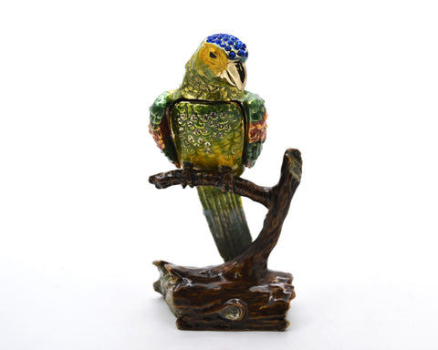 Jeweled Green Parrot on Branch Trinket Box Handmade with Austrian Crystals