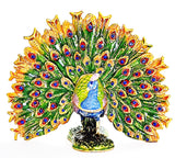Fan Shape Tail Peacock Trinket Box Hand Painted Colorful Enamel & Austrian Crystals