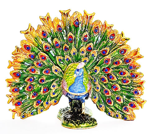Fan Shape Tail Peacock Trinket Box Hand Painted Colorful Enamel & Austrian Crystals