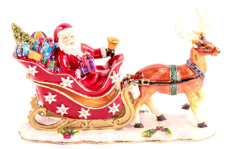 Santa Claus with Reindeer & Sleigh Trinket Box. Very Detailed with Austrian Crystals