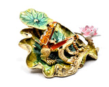 Jeweled Frog With Baby on Lily Pad With Flowers. Made with Austrian Crystals