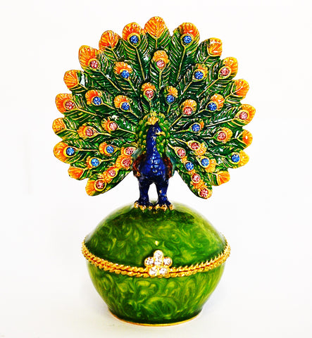 Fan Shape Tail Peacock on Trinket Box Green Enamel with Austrian Crystals