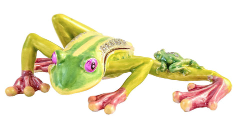 Leaping Frog with Baby Trinket Box. Very Detailed with Austrian Crystals Enamel