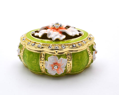 Decorative Oval Floral Trinket Box. Hand Painted Enamel with Austrian Crystals.