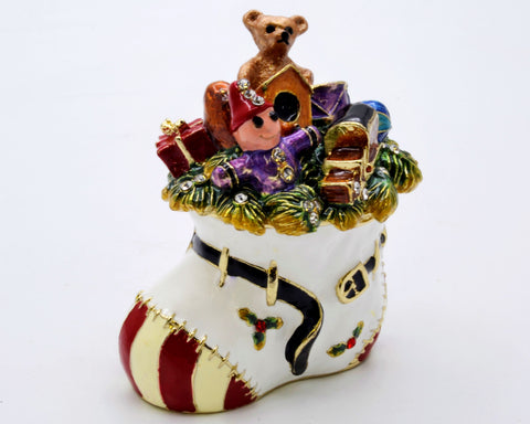 Bejeweled Christmas Boot with Gifts Trinket Box. Hand Detailed with Austrian Crystals