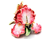 Orchid Flower Trinket Box with Butterfly. Hand Painted Enamel with Austrian Crystals