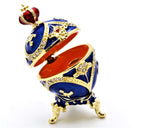 Hand Crafted Egg Trinket Box with Stand. Hand Painted Blue Enamel & Austrian Crystals