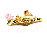 Jeweled Frog With Baby on Lily Pad With Flowers. Made with Austrian Crystals