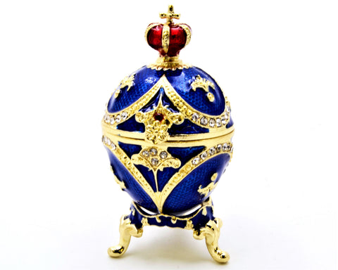 Hand Crafted Egg Trinket Box with Stand. Hand Painted Blue Enamel & Austrian Crystals