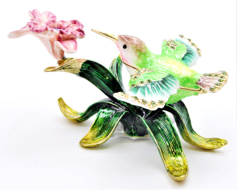 Soaring Humming Bird on Branch Trinket Box. Colorful Enamel & Austrian Crystals