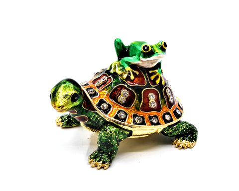 Jeweled Tortoise with Frog Trinket Box. Unusually Made with Austrian Crystals
