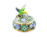 Hummingbird on Round Floral Trinket Box. Hand Painted Colorful Enamel with Austrian Crystals