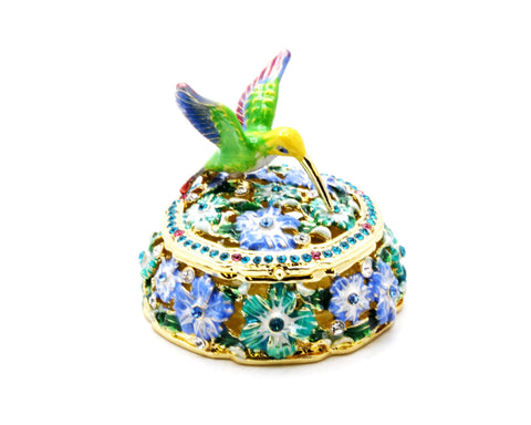 Hummingbird on Round Floral Trinket Box. Hand Painted Colorful Enamel with Austrian Crystals