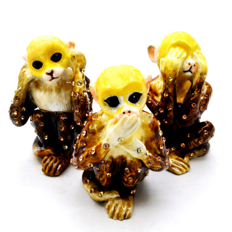 Jeweled 3 Wise Monkeys Trinket Box. Handmade with Austrian Crystals & Enamel