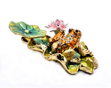 Jeweled Frog With Baby on Lily Pad With Flowers. Made with Austrian Crystals