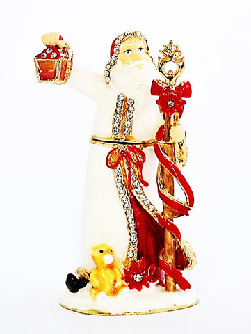 White Dress Santaclause Trinket Box. Hand Painted Enamel & Austrian Crystals