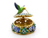 Hummingbird on Round Floral Trinket Box. Hand Painted Colorful Enamel with Austrian Crystals