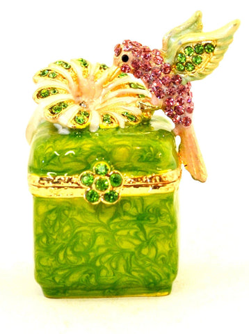 Hummingbird on Trinket Box. Hand Painted Enamel with Austrian Crystals