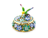 Hummingbird on Round Floral Trinket Box. Hand Painted Colorful Enamel with Austrian Crystals