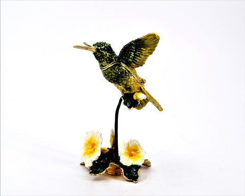 Jeweled Flying Humming Bird Trinket Box with Green Enamel & Austrian Crystals