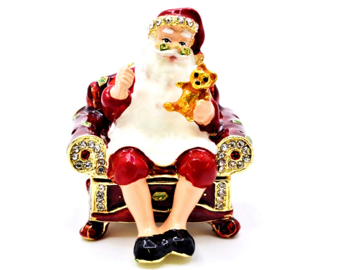 Santa Clause in Chair Trinket Box. Hand Crafted Austrian Crystals Enamel
