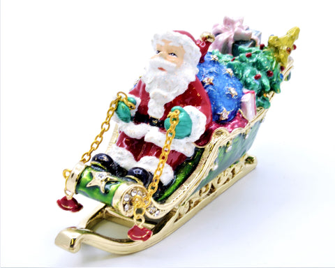 Santa on Sleigh with Gifts Trinket Box Made with Austrian Crystals
