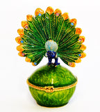 Fan Shape Tail Peacock on Trinket Box Green Enamel with Austrian Crystals