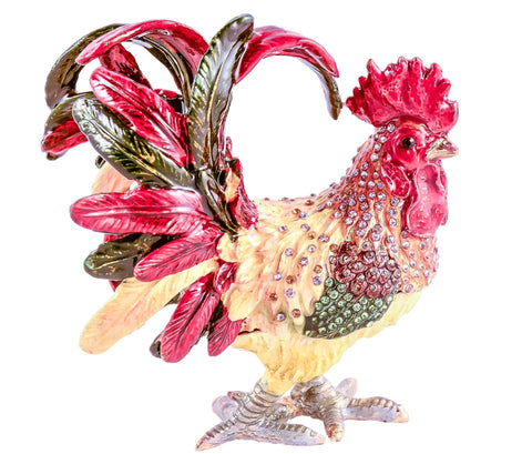 Feathered Rooster Trinket Box with Colorful Enamel & Austrian Crystals