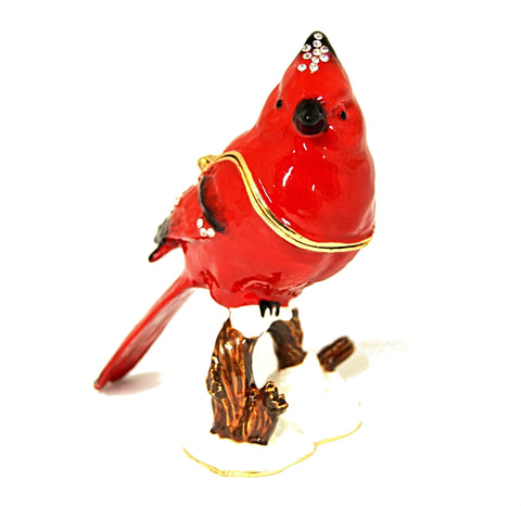 Big Cardinal on Br Trinket Box. Red Enamel with Austrian Crystals